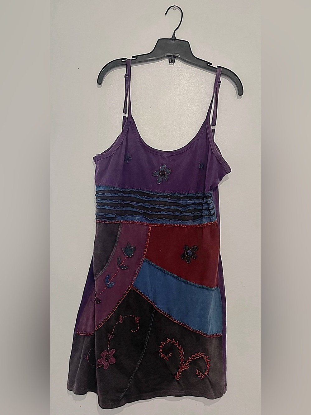 Women's Purple Patchwork Embroidered Spaghetti Strap Tank Dress